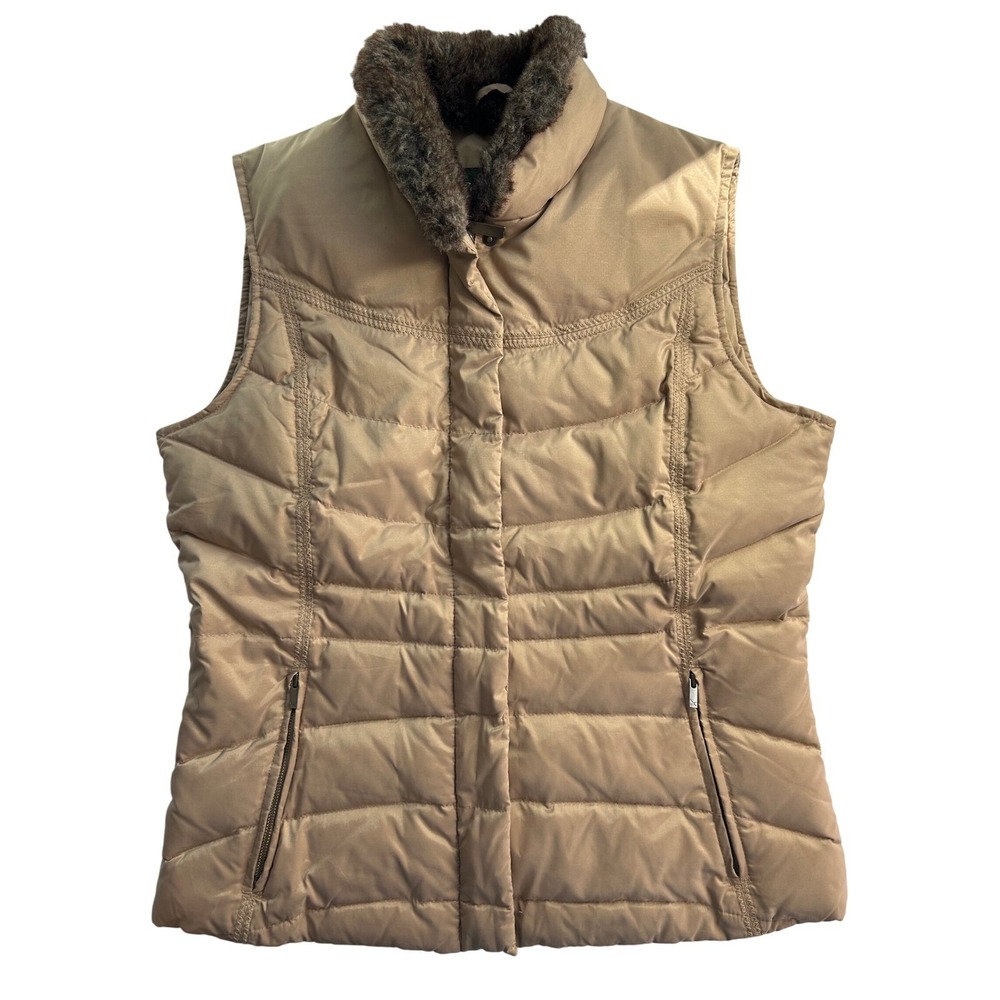 Womens Classic Puffer Vest Tan Goose Down Faux Fur Trim Gorpcore Eddie Bauer M